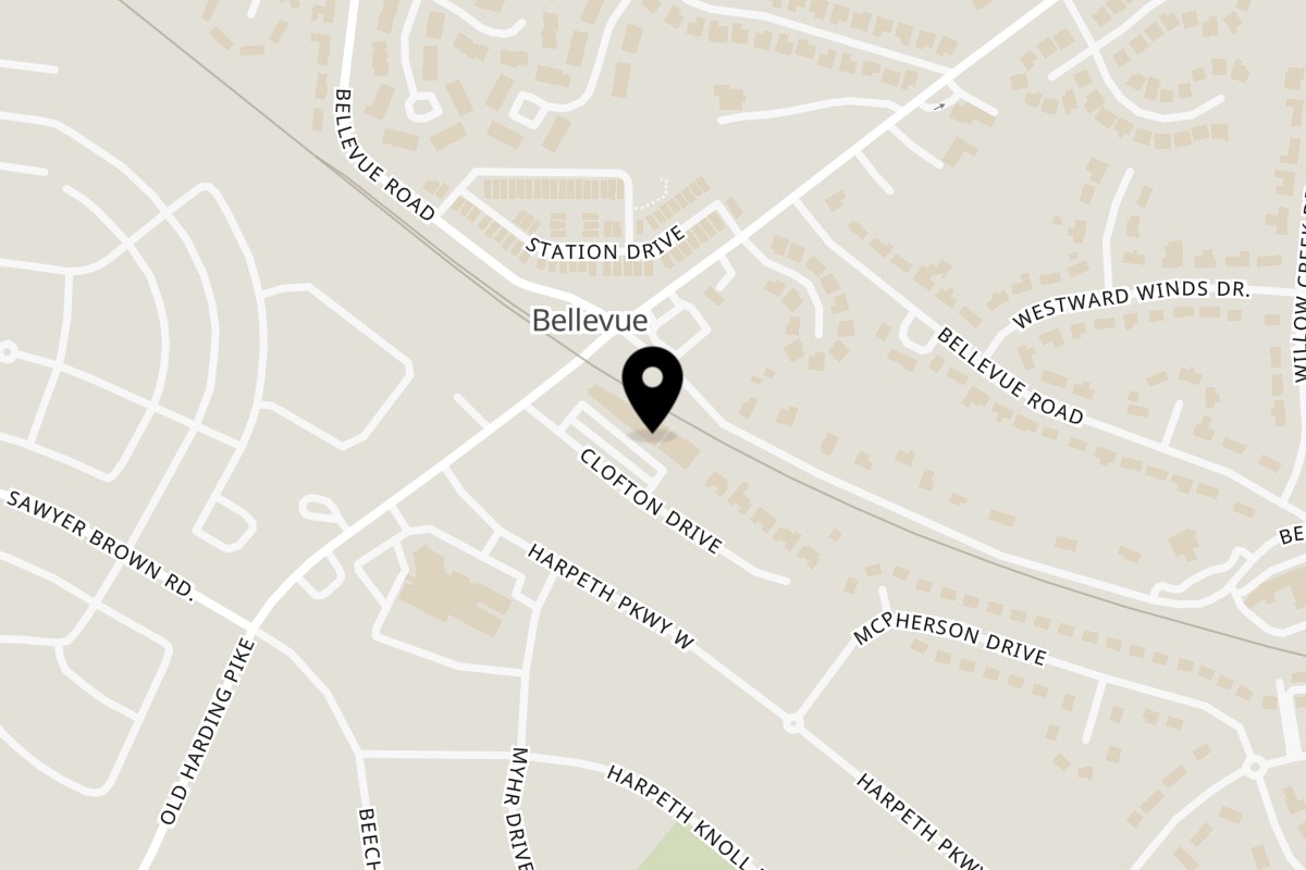 Map showing the location of Pizza Perfect Bellevue on 357 Clofton Dr in Nashville