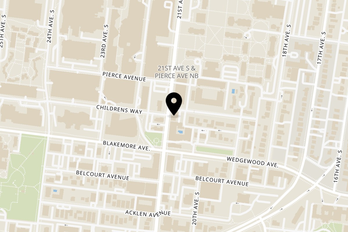 Map showing the location of Pizza Perfect Hillsboro Village (Vanderbilt) on 1602 21st Ave S in Nashville